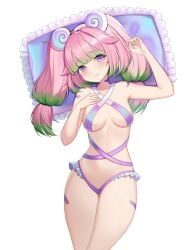 absurdres bird breasts green_hair hair_ornament highres immy_bisou_(artist) looking_at_viewer medium_breasts multicolored_eyes multicolored_hair official_art pillow pink_hair purple_eyes seashell shell stronny_cuttles transparent_background twintails vallure vallure_gen_1:indulge virtual_youtuber yellow_eyes