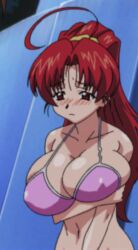 1girls belly big_breasts blush chiharu_shinonome child_bearing_hips cleavage curvy eiken erect_nipples fertile fit_female full_breasts heavy_breasts holding_breast huge_breasts large_breasts light-skinned_female long_hair navel nipples_visible_through_clothing overflowing_breasts pendulous_breasts pink_swimsuit ponytail red_eyes red_hair shiny_skin skindentation swimsuit teenager thick two-piece_swimsuit voluptuous voluptuous_teen wide_hips