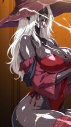 artist_request breasts cum cum_on_breasts cumshot dark_skin edit edited elden_ring eldenring female fromsoftware kuroinu_~kedakaki_seijo_wa_hakudaku_ni_somaru~ large_breasts leggings recluse_(nightreign) tagme thick_thighs tongue_out white_hair