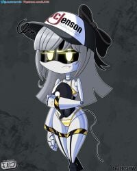 bikini cap digital_media_(artwork) disassembly_drone fanart female female_only glitch_productions grey_hair j_(murder_drones) jackintaro looking_at_viewer murder_drones ribbon robot robot_girl simple_background yellow_eyes