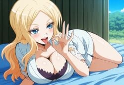 ai_generated assassination_classroom blonde_hair blue_eyes breasts clothing fellatio_gesture gesture gesture_hand huge_breasts irina_jelavic long_hair lying_on_side miniskirt open_mouth skirt teacher thick_thighs