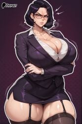 ai_generated angry_expression bare_thighs black_hair blush brown_eyes garter_belt gigantic_breasts glasses huge_breasts huge_thighs light-skinned_female light_skin looking_at_viewer massive_breasts mature_female milf oiled_body oiled_skin original short_hair solo_female squatting sweat sweatdrop teacher thick_body thick_female thick_thighs thighs voluptuous voluptuous_female yashugai