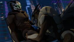 3d_(artwork) alien ass azphyr bioware bodypaint chair digital_media_(artwork) duo electronic_arts erection face_paint fellatio furniture garrus_vakarian genitals glowing glowing_eyes hi_res humanoid inside kneeling male male/male male_penetrated male_penetrating male_penetrating_male mass_effect nihlus_kryik not_furry nude on_chair open_mouth oral oral_penetration penetration penile penis sex sitting sitting_on_chair table turian window