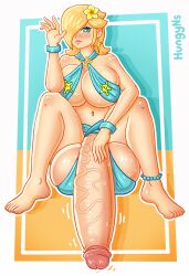 anklet barefoot big_penis blonde_female blonde_hair blue_eyes blush_lines bracelets flower_in_hair futanari huge_balls huge_breasts huge_cock hungy hyper_penis mario_(series) one_eye_covered princess_rosalina salute sweatdrop swimsuit throbbing_penis