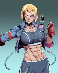 1girls abs artist_name athletic_female blonde_hair bob_cut british british_female cammy_white cammy_white_(street_fighter_6) capcom clothed_female dejovanna female fingerless_gloves gauntlets gloves jacket looking_at_viewer muscular muscular_female scar_on_face short_hair street_fighter street_fighter_6 tagme watermark yoga_pants