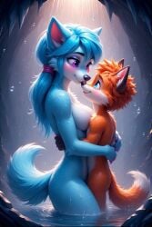 age_difference ai_generated blue_eyes blue_hair breasts cyan_fur female fox hug male male/female nude older_female purple_eyes sally_the_wolf timmy_red_fox water waterfall wet wolf younger_male