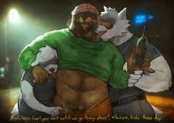 anthro beanie beard beer_bottle bodily_fluids body_hair bottle brown_body brown_fur canid canine canis clothing container domestic_dog drunk english_text facial_hair fanofthefurr french_kissing fur genitals group happy_trail hat headgear headwear hobo_(fanofthefurr) homeless kissing long_ears male male/male mammal muscular muscular_anthro muscular_male musk musk_cloud penis penis_base saliva shirt substance_intoxication text topwear trio white_body white_fur