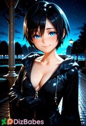 1girls ai_generated black_coat black_gloves black_hair blue_eyes cleavage collarbone disney dizbabes female female_only hood_down kingdom_hearts looking_at_viewer night organization_xiii outdoors public short_hair smile smiling_at_viewer solo_female square_enix stable_diffusion undressing unzipped unzipping upper_boddy xion