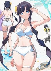 ass ass_visible_through_thighs back bare_arms bare_belly bare_legs bare_shoulders bare_thighs barefoot belly_button bikini black_hair blue_eyes blue_nails blush breasts butt_crack cleavage coat collarbone elesa_(pokemon) feet hair_ornament headphones long_hair medium_breasts nail_polish outdoors parted_lips pokemon red_nails shoulder_blades side-tie_bikini_bottom standing thighs twintails water white_bikini yosame0a