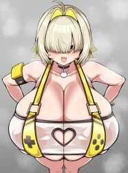 :d blush detritus elegg_(boom_and_shock)_(nikke) elegg_(nikke) fang female from_above gigantic_breasts goddess_of_victory:_nikke hands_on_hips looking_at_viewer solo steam sweat sweaty thick_thighs wide_hips
