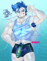 blue_hair forsaken_(roblox) guest_1337_(forsaken) guest_1337_(the_last_guest) hairy_male mokkat penis_visible_through_clothing pubic_hair see-through solo_male sweat the_last_guest