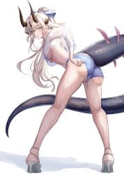 arknights ass breasts female female_only horns mumi-daohu no_bra reed_(arknights) shorts swimsuit tail underboob variant_set