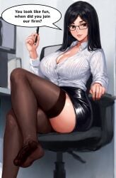 adult adult_female ai_generated big_areola big_ass big_breasts big_butt big_nipples big_thighs black_hair dark_eyes dark_hair feet feet_first feet_together female female_focus female_human female_only foot_worship glasses leather_clothing looking_at_partner looking_at_viewer looking_back_at_viewer looking_down mature mature_female office office_clothing office_lady skirt skirt_up soles solo_female speech speech_bubble stockings straight_hair text text_box text_bubble thick_legs thick_thighs thighhighs thighs toes white_shirt work