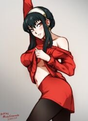 artist_name black_bra black_hair black_pantyhose blush bra cowboy_shot dated earrings female gradient_background hairband jewelry midriff minacream pantyhose red_eyes red_skirt red_sweater skirt smile solo spy_x_family sweater underwear white_hairband yor_briar yor_forger
