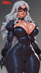 ai_generated black_cat_(marvel) choker curvy_female curvy_figure exposed_breasts jay-marvel_(style) latex_suit long_hair looking_at_viewer marvel marvel_comics mask masked_female seductive_look seductive_smile spider-man_(series) tight_suit voluptuous_female white_hair