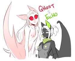 anthro areola bat duo echo_(redxbacon) female ghost_(redxbacon) green_areola green_nipples grey_body hi_res kerchief kerchief_only long_hair looking_at_viewer mammal membrane_(anatomy) membranous_wings mostly_nude neckerchief neckerchief_only neckwear nipples ponytail pupils purple_eyes red_eyes redxbacon slit_pupils white_body white_hair wings