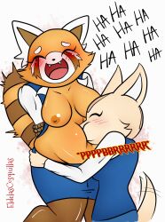 aggressive_retsuko aggretsuko anthro arms_behind_back belly_raspberries belly_zerberts bondage chubby closed_eyes eldelascosquillas fenneko office_lady raspberry retsuko sanrio straight_hair text tickling