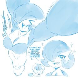 anthro big_breasts blush breasts cinderace dialogue english_text female funny gardevoir generation_3_pokemon generation_8_pokemon hi_res looking_at_viewer nintendo pokemon pokemon_(species) saltyxodium smiling smiling_at_viewer sparkles stretching text white_background