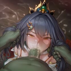 black_hair cum cum_in_mouth forced forced_oral glaring glaring_at_viewer goblin goblin_male green_skin honkai:_star_rail interspecies irrumatio kneeling oral oral_penetration oral_sex orange_eyes pulling_hair raped tears yunli_(honkai:_star_rail)