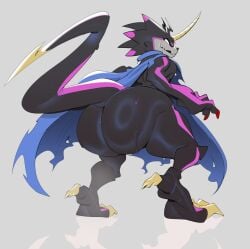 absurd_res anthro ass bandai_namco belt big_butt black_body black_sclera bodily_fluids bubble_butt cape claws digimon digimon_(species) digimon_ghost_game glowing_eyes gulusgammamon hi_res horn male nude scalie simple_background solo stinger_tail submarine_screw sweat tail thick_thighs toe_claws wide_hips