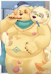 96panda anthro bathroom bear belly bird_dog blush bodily_fluids brush brushing brushing_teeth canid canine canis cu_sith_(tas) domestic_dog duo erection eyebrows fur genital_fluids genitals golden_retriever groping_from_behind hi_res hunting_dog leib_(tas) lifewonders male male/male mammal navel nipples overweight penis penis_size_difference polar_bear precum retriever sex small_penis thick_eyebrows thick_thighs thigh_sex tokyo_afterschool_summoners toothbrush ursine white_body white_fur yellow_body yellow_fur