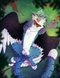 2018 animal_genitalia anus arthropod avian balls beak bird's-eye_view blue_body blue_fur butterfly claws digital_drawing_(artwork) digital_media_(artwork) dipstick_tail feral forest fully_sheathed fur genitals grass gryphon happy hi_res high-angle_view insects lepidopteran looking_at_viewer lying male markings mythological_avian mythological_creature mythology nature on_back on_ground outside paws plant playful quadruped sheath signature silvyr smile solo spread_legs spreading tail tail_markings tree white_body white_fur wings