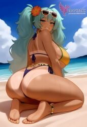 1girls 2d ai_generated aqua_hair ass barefoot big_ass big_breasts bikini bracelet brazilian_miku breasts dark-skinned_female earrings erophoenix eyewear_on_head feet full_body grin hair_flower hair_ornament hatsune_miku huge_breasts jewelry kneeling long_hair looking_at_viewer looking_back nail_polish patreon_username shorts smile soles solo solo_female sunglasses swimsuit tan tellow_shirt thick thick_thighs toes uncensored vocaloid