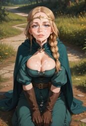 ai_generated blonde_hair blue_eyes braid breasts clothing cum cum_on_breasts cum_on_face female light-skinned_female looking_at_viewer mascara milva nmackelie outdoors solo solo_female the_witcher_(series)
