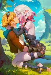 -_-abc 1boy 1girls ai_generated briar_(league_of_legends) crazy_eyes ezreal grabbing grabbing_ass league_of_legends lust tongue worried