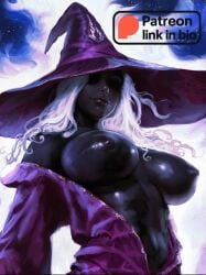 anato_finnstark black_skin breasts breasts_apart colored_skin dark-skinned_female dark_skin elden_ring elden_ring_nightreign female highres huge_breasts large_hat long_hair nipples open_clothes paid_reward_available partially_shaded_face recluse_(elden_ring) smile solo upper_body very_dark_skin white_hair witch