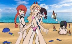 applying_sunscreen beach beer bikini blue_sky blush blush buried_in_sand chainsaw_man dreaming eyepatch fondling fondling_breast groping higashiyama_kobeni himeno_(chainsaw_man) horns letz_killing long_hair makima_(chainsaw_man) ocean pixelated_background ponytail power_(chainsaw_man) sea seaside shocked short_hair sleeping sunscreen swimsuit thought_bubble topless topless_female