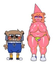 1boy 1boy1girl 1girls bear bear_ears bear_girl bedroom_eyes big_ass big_breasts big_butt blush bodypaint breasts breasts_out bulge bulge_through_clothing chubby chubby_female cyrus_(ponkochan) female glasses male male/female patrick_star patrick_star_(cosplay) ponkochan spongebob_reference sunny_bear_(ponkochan) tagme voideyedpanda