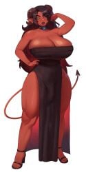 absurd_res big_breasts biped breasts bulge clothed clothing demon demon_humanoid detailed_bulge dress eyebrows eyelashes front_view genital_outline gynomorph hair harufeng hi_res huge_breasts humanoid intersex looking_at_viewer not_furry penis_outline pupils red_body simple_background solo tail thick_thighs