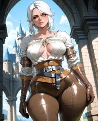 ai_generated breasts cd_projekt_red ciri clothing curvy_female dawnart female gloves green_eyes light-skinned_female looking_at_viewer mascara scar solo solo_female the_witcher_(series) the_witcher_3:_wild_hunt white_hair wide_hips