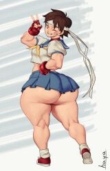 alternate_version_available ass_bigger_than_head ass_bigger_than_torso big_ass bottom_heavy breasts brown_eyes brown_hair fat_ass hayabusart headband hips_wider_than_shoulders huge_ass muscular panties peace_sign pear-shaped_figure pear_shaped pleated_skirt sailor_uniform sakura_kasugano short_skirt small_breasts smile sneakers solo street_fighter thick_thighs wink