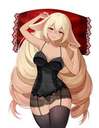absurdres animal_ears blonde_hair breasts covered_navel drill_hair hair_between_eyes highres immy_bisou_(artist) large_breasts lingerie long_hair looking_at_viewer mole nail_polish official_art pillow rabbit_ears red_eyes shibi_cottonbum thighhighs transparent_background underwear vallure vallure_gen_1:indulge virtual_youtuber