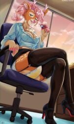 abdl anthro black_clothing black_legwear black_stockings bodily_fluids bottomwear breasts chair clothing deer diaper diaper_fetish female furniture furry furry_only hair jewelry legwear meowtat necklace office office_chair open_mouth pacifier pink_hair saliva saliva_on_tongue skirt small_breasts solo stockings tongue wet wet_diaper ych