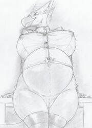 absurd_res anthro avian bedroom_eyes belly big_belly big_breasts big_tail blackfox85 breasts button_(fastener) clothing ear_piercing ear_ring eyebrow_piercing facial_piercing female furniture genitals gryphon hi_res huge_belly huge_breasts huge_hips huge_thighs leaning leaning_backward legwear looking_at_viewer low-angle_view monochrome mythological_avian mythological_creature mythology narrowed_eyes nipple_outline piercing pregnant pregnant_female ring_piercing seductive sheron_(blackfox85) smile smiling_at_viewer solo stockings suit_jacket table tail thick_thighs undersized_clothing vulva wide_hips