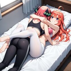 ai_generated bed bedroom catfight go-toubun_no_hanayome grabbing huge_ass leg_lock leglock nakano_itsuki nakano_nino sports_bra sports_pants sportswear wrestling