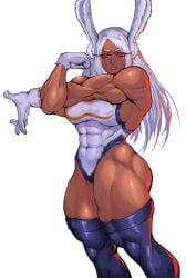 abs absurdres animal_ears ass boku_no_hero_academia gloves glowing glowing_eyes highres leotard milka01477 mirko muscular muscular_female rabbit_ears red_eyes stretching thighhighs