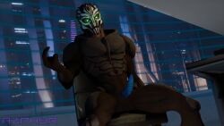 3d_(artwork) alien azphyr beckoning bioware bodypaint chair digital_media_(artwork) electronic_arts erection face_paint furniture genitals gesture glowing glowing_eyes hi_res humanoid looking_at_viewer male mass_effect nihlus_kryik nude on_chair penis seductive sitting sitting_on_chair solo table turian window