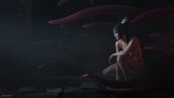 1girls 3d 3d_render baldur's_gate baldur's_gate_3 bangs black_hair braid breasts circlet dungeons_and_dragons elf female from_side koelet3d long_hair naked_female nude pointy_ears scar shadowheart squatting wizards_of_the_coast