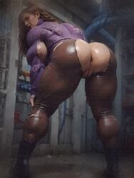 1girls ai_generated anus ass boots brown_hair brunette large_ass large_butt leather leather_boots leather_pants light-skinned_female lipstick long_hair looking_at_viewer muscular muscular_female oc original_character solo solo_female sweater torn_clothes torn_clothing torn_pants torn_sweater turtleneck turtleneck_sweater vagina violet_lipstick wavy_hair