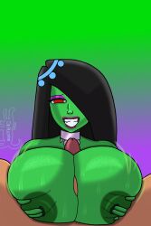 big_breasts black_hair boobsjob danny_phantom desiree dr_aligator genie green_skin smiling_at_viewer squeezing_breast titjob