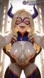 1boy 1girls :d ai_generated backlighting bent_over blonde_hair blush bodysuit boku_no_hero_academia breasts bukkake clothed_sex covered_navel cum cum_in_pussy cum_on_body cum_on_breasts cum_on_clothes cum_on_hair cum_overflow cumdrip dark-skinned_male dark_skin doggy_style domino_mask drill_hair ejaculation facial half-closed_eyes happy_sex heart heart-shaped_pupils horns indoors large_breasts long_hair looking_at_viewer mask meitabuu mount_lady my_hero_academia naughty_face navel nipples nude open_mouth red_eyes saliva sex sex_from_behind shiny_clothes skin_tight smile solo_focus standing standing_sex straight superhero sweat symbol-shaped_pupils teeth thighs tongue tongue_out upper_teeth_only vaginal_penetration white_bodysuit window