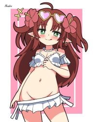 2d arknights bikini blush ear_piercing female female female_only hendra licking_lips long_ears long_hair looking_at_viewer myrtle_(arknights) panties_aside red_hair small_breasts sunglasses sunglasses_on_head taking_off_panties