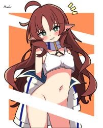 2d arknights blush censored censored_pussy coat_on_shoulders exposed_pussy female female female_only half_naked hendra long_ears long_hair looking_at_viewer myrtle_(arknights) red_hair small_breasts smile smiling