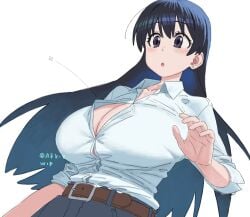 1girls accidental_exposure black_hair blue_eyes button_down_shirt button_gap button_pop cleavage clothed_female cowboy_shot hi_res highres large_breasts long_hair maruko_tooto nagi_arato popped_button ruri_rocks solo solo_female waist_up wardrobe_malfunction white_shirt