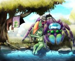 absurd_res ambiguous_gender arachnid araneomorph arthropod big_breasts boots bottomless breasts clothed clothing club_(weapon) colored detailed_background digital_drawing_(artwork) digital_media_(artwork) duo female feral footwear genitals goblin grass green_body green_eyes greenbuncafe hainisha hat hat_only headgear headgear_only headwear headwear_only hi_res holding_object humanoid jumping_spider mammal melee_weapon mostly_nude multi_eye multi_limb nipples open_mouth outside plant pubes purple_body rock saddle shaded shoes short_stack signature spider teeth topless tree vulva water weapon wizard_hat yellow_eyes