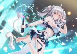 ahoge anklet armband armpits bare_back bare_legs bare_midriff bare_shoulders bare_thighs barefoot big_breasts black_eyes black_nails blush blush blushing_at_viewer bracelet breasts casino_(casinoep) holding_microphone hololive hololive_japan microphone panties peace_sign ribbon shishiro_botan shoes silver_hair skirt smiling smiling_at_viewer soles standing sweating swimsuit teeth toes twintails white_panties wrinkles